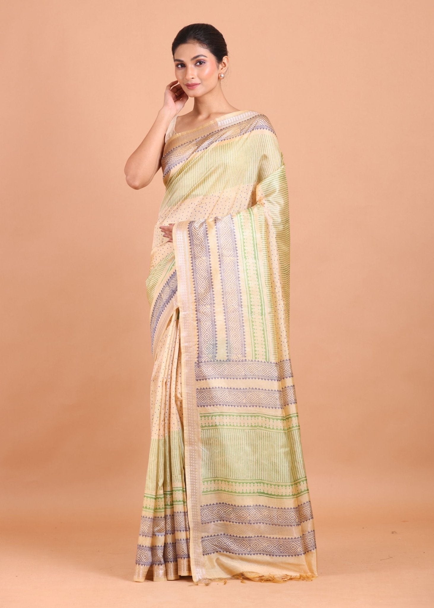 Cream and Green Handblock Printed Silk Saree - Anvi Couture