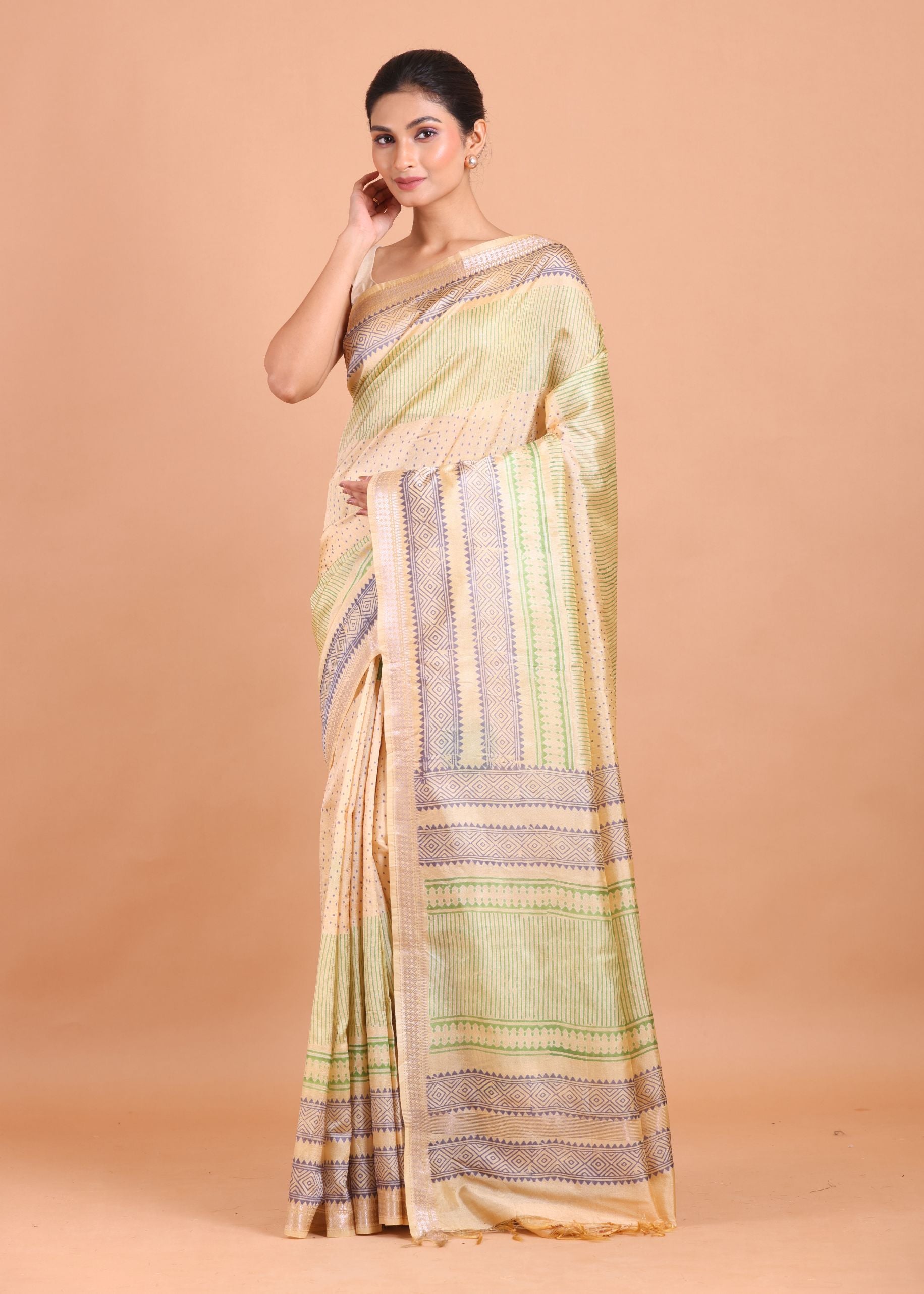 Cream and Green Handblock Printed Silk Saree front