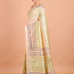 Cream and Green Handblock Printed Silk Saree side