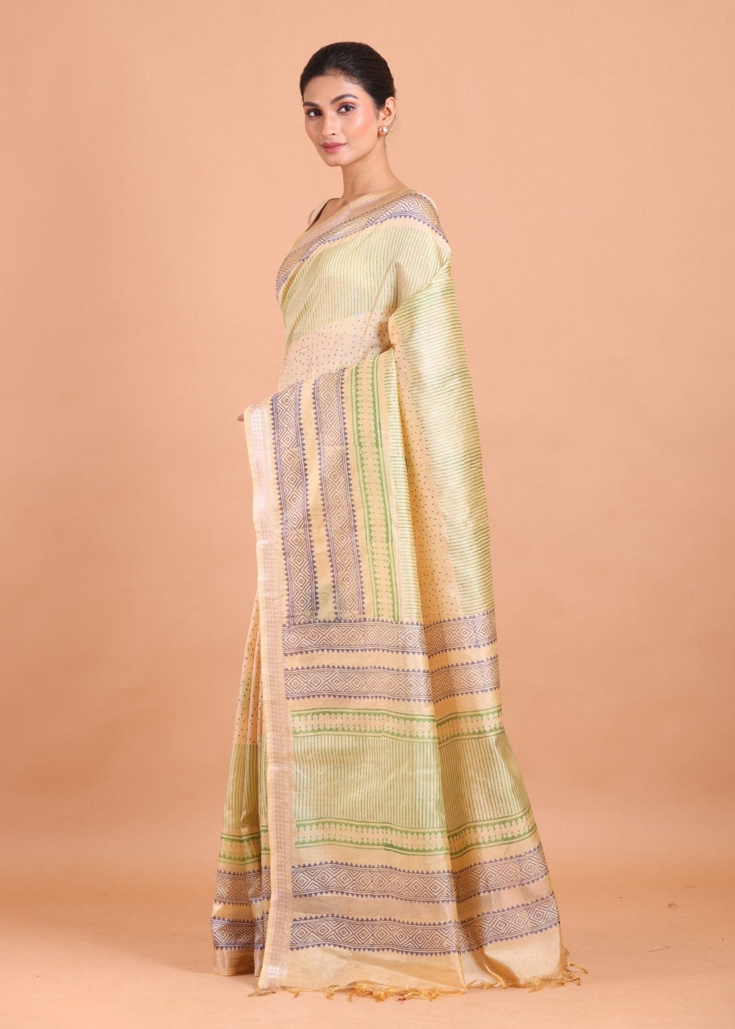 Cream and Green Handblock Printed Silk Saree - Anvi Couture