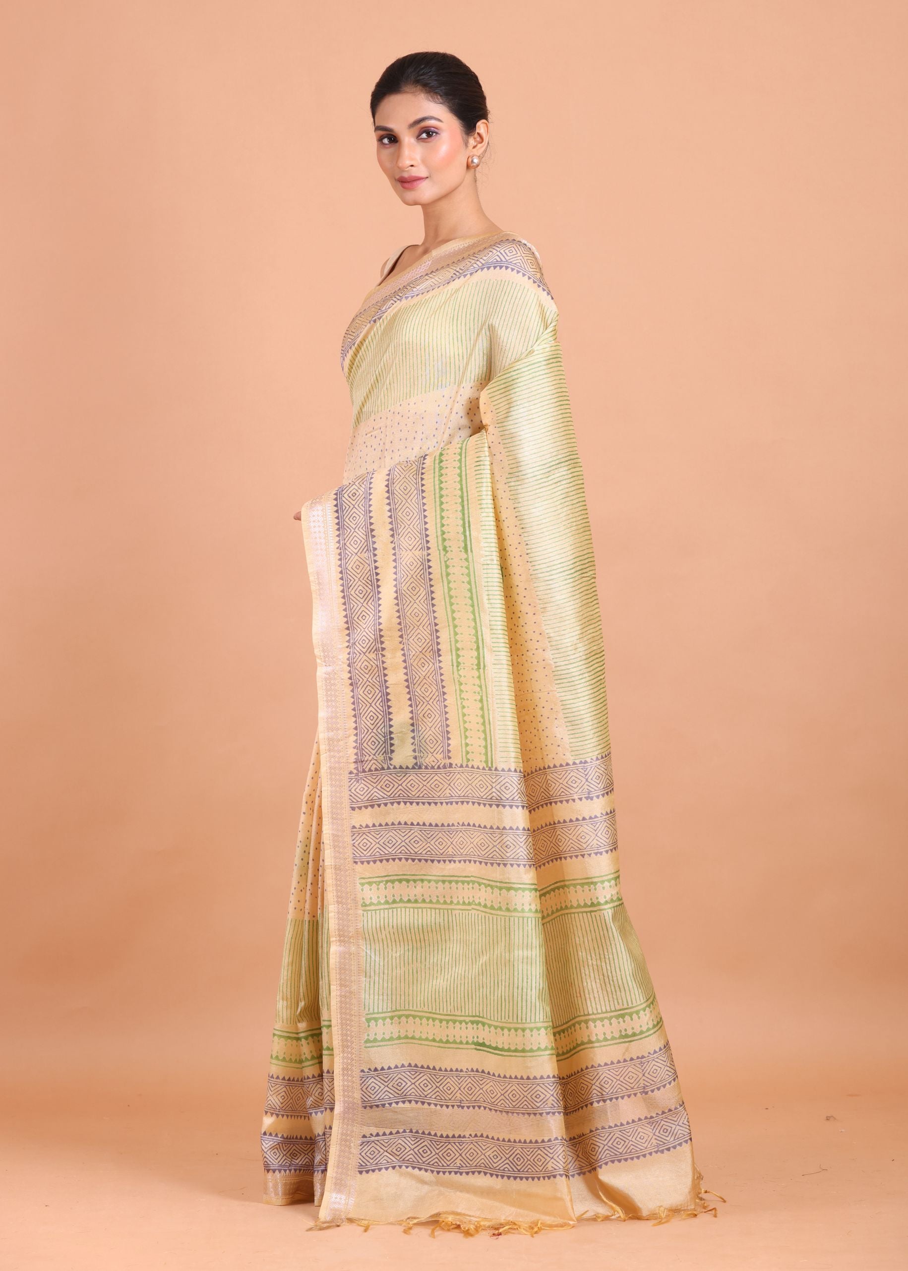 Cream and Green Handblock Printed Silk Saree side