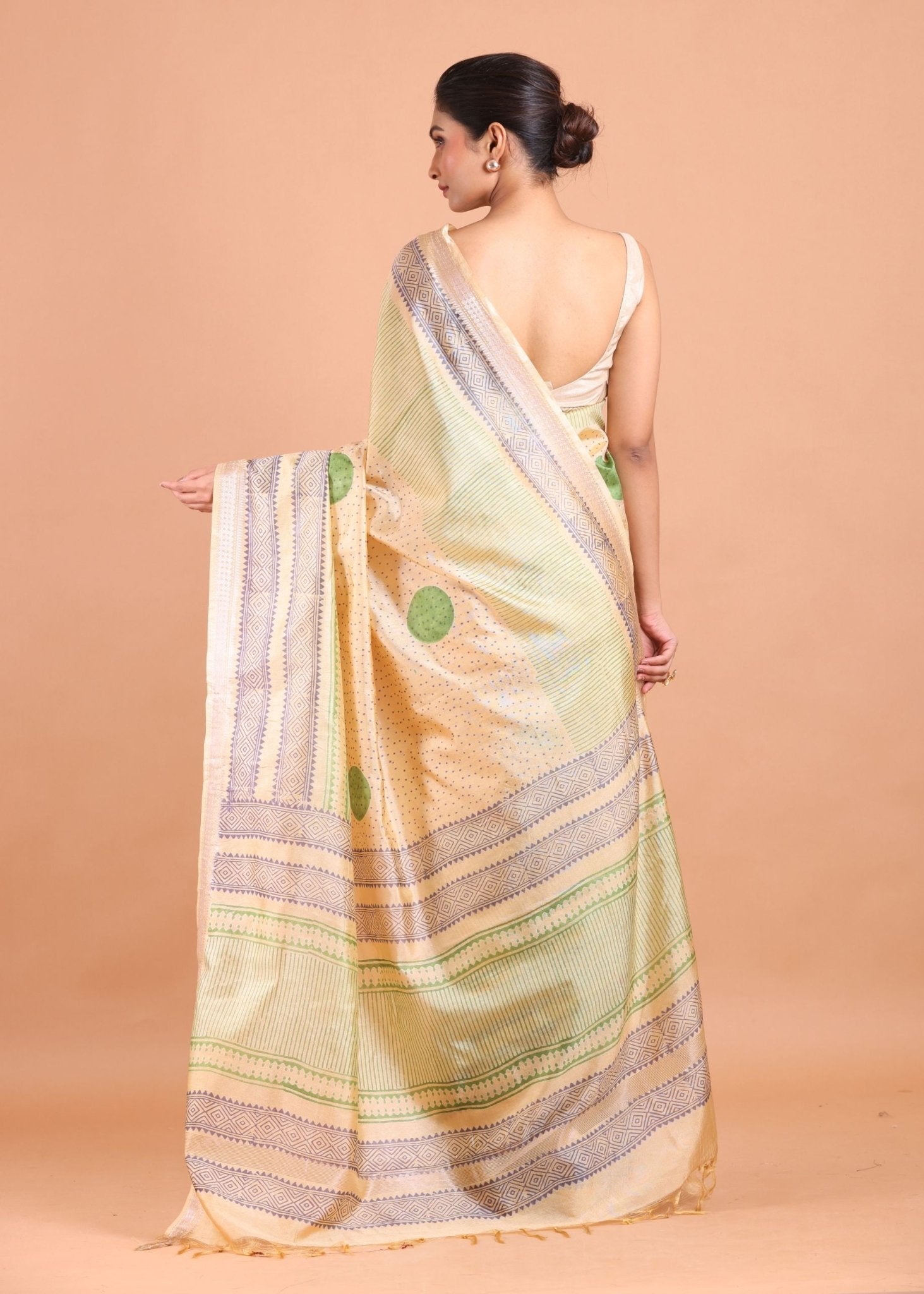 Cream and Green Handblock Printed Silk Saree - Anvi Couture