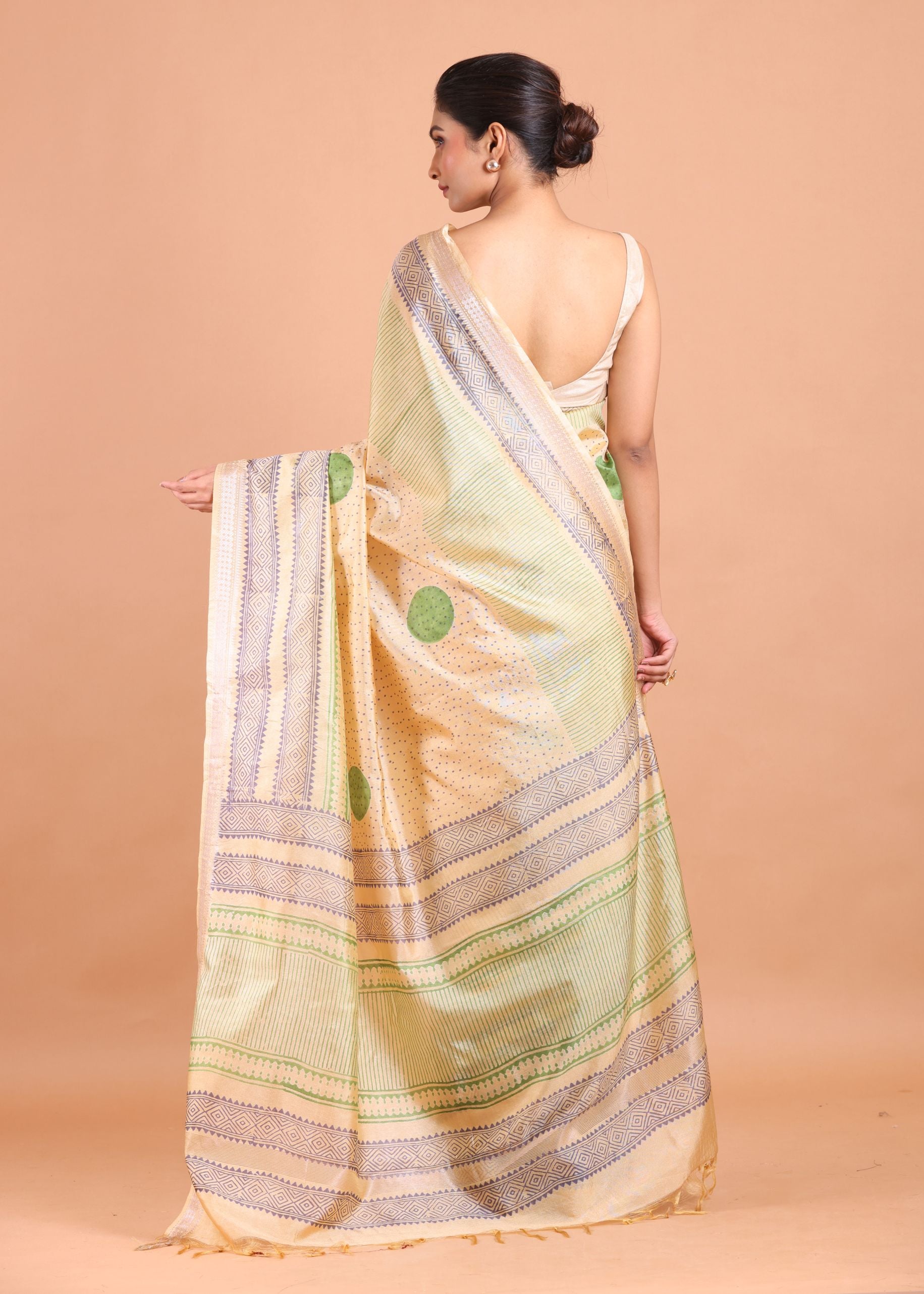 Cream and Green Handblock Printed Silk Saree back