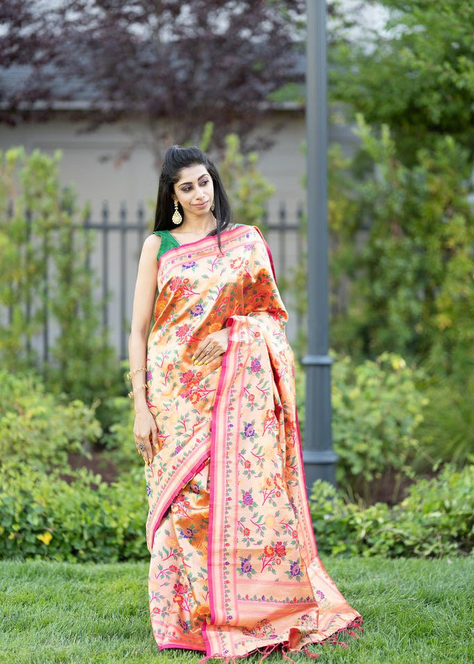 Pink Paithani Saree with Floral Embroidery Work - Anvi Couture