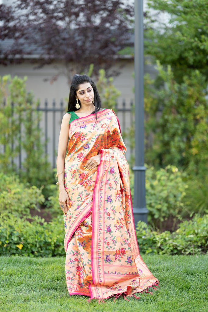 Pink Paithani Saree with Floral Embroidery Work - Anvi Couture