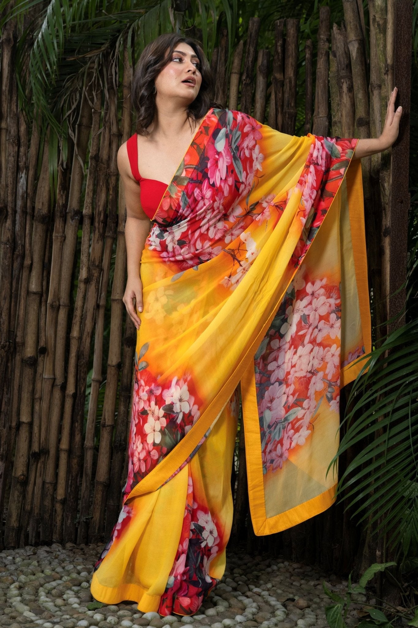 Yellow Floral Printed Lightweight Georgette Saree 