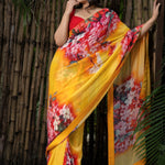 Yellow Floral Printed Lightweight Georgette Saree - perfect for evening wear!