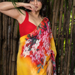 Yellow and Red Floral Printed Georgette Saree - perfect for evening and cocktail wear. 