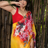Yellow and Red Floral Printed Georgette Saree - perfect for evening and cocktail wear. 