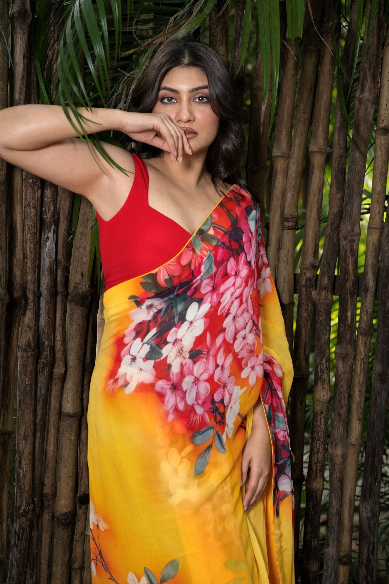 Yellow and Red Floral Printed Georgette Saree - perfect for evening and cocktail wear. 