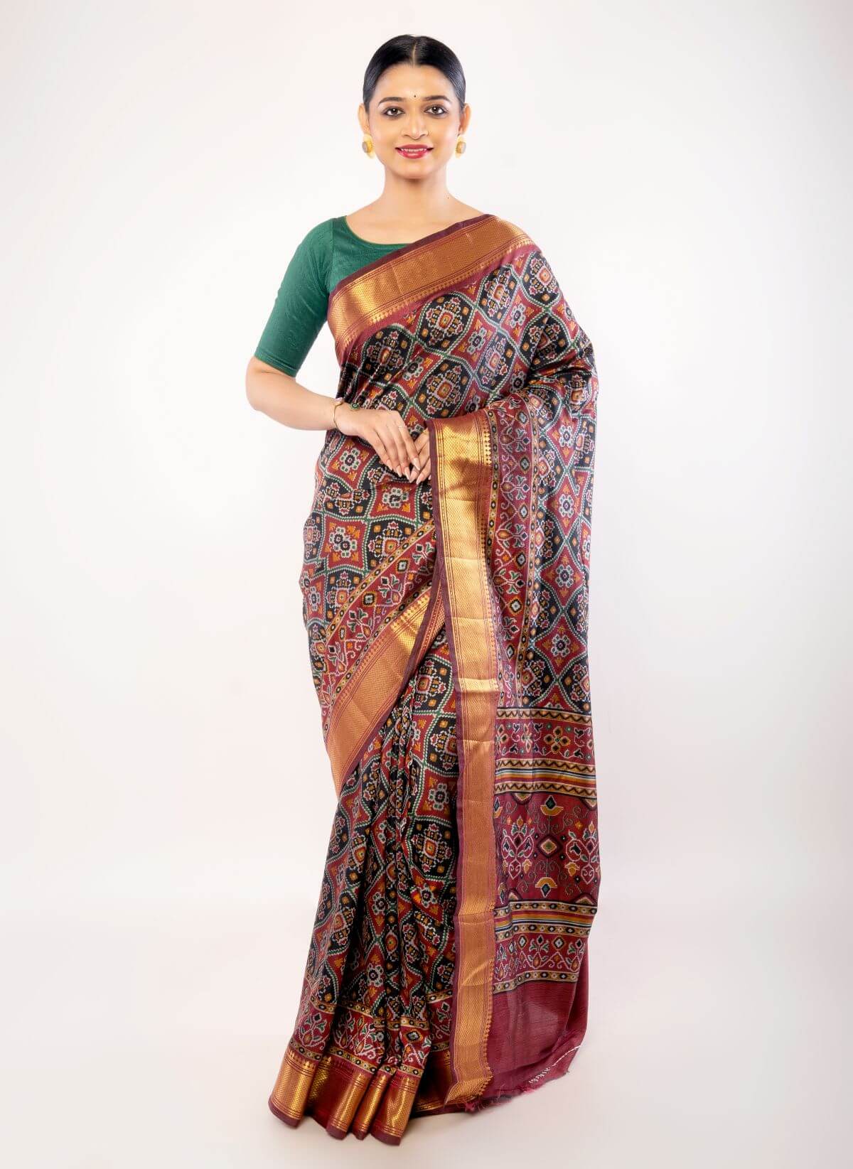 Maroon Patola Silk Saree with Contrasting Gold Zari Border - Anvi Couture