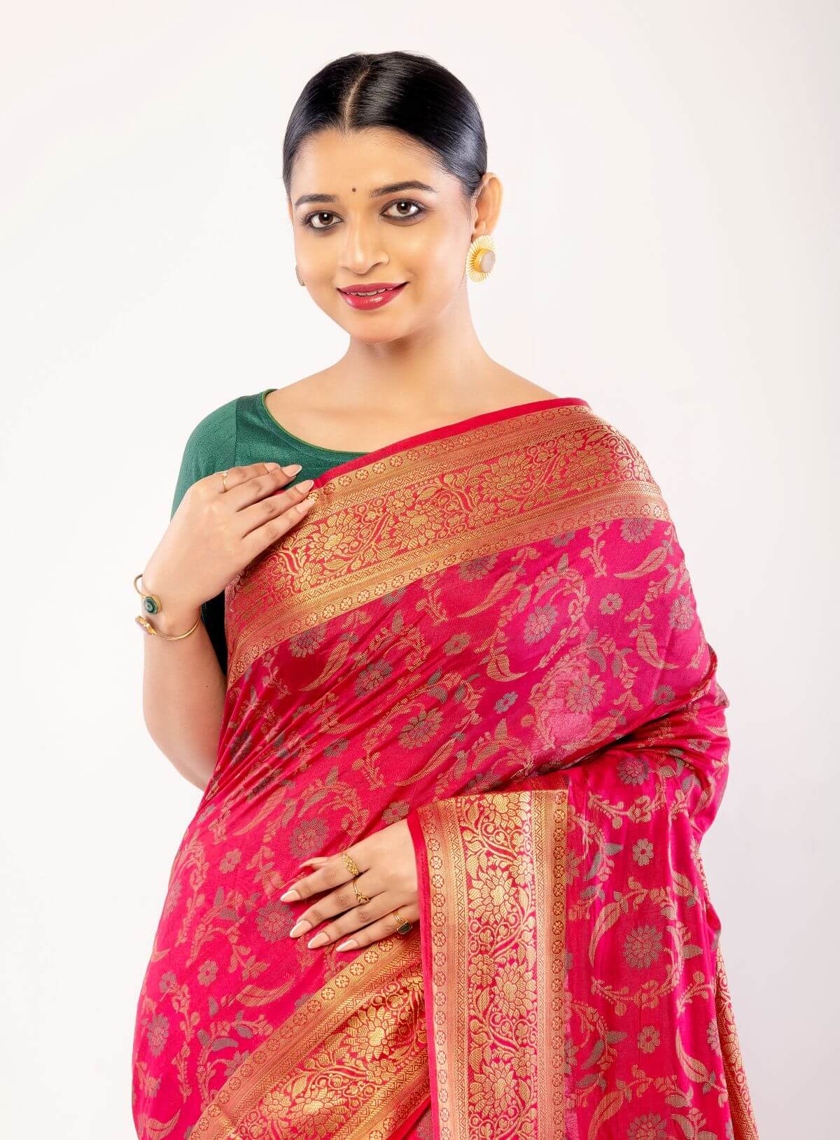 Pink Silk Saree with Gold Zari Border and Floral Motifs - Anvi Couture