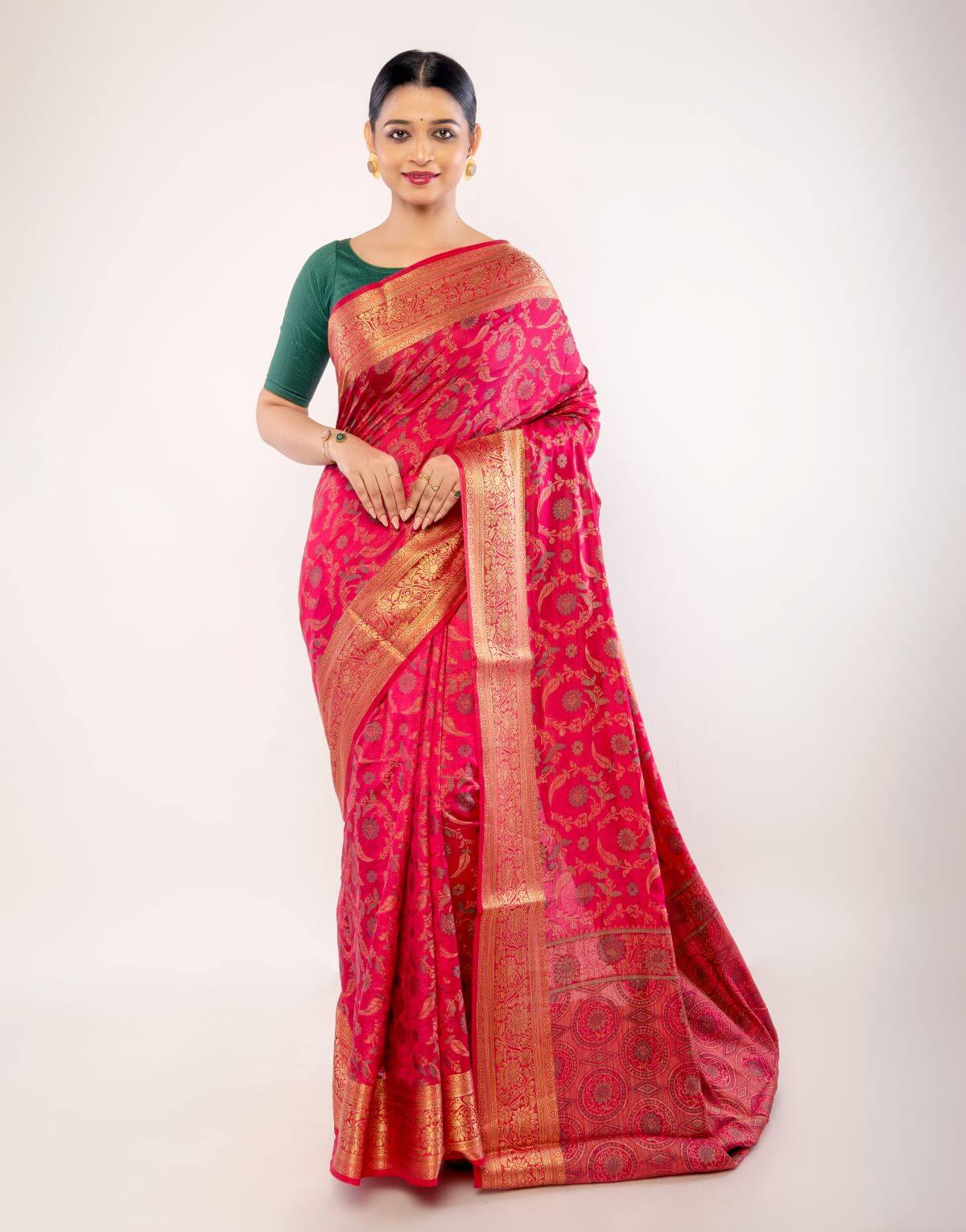 Pink Silk Saree with Gold Zari Border and Floral Motifs - Anvi Couture