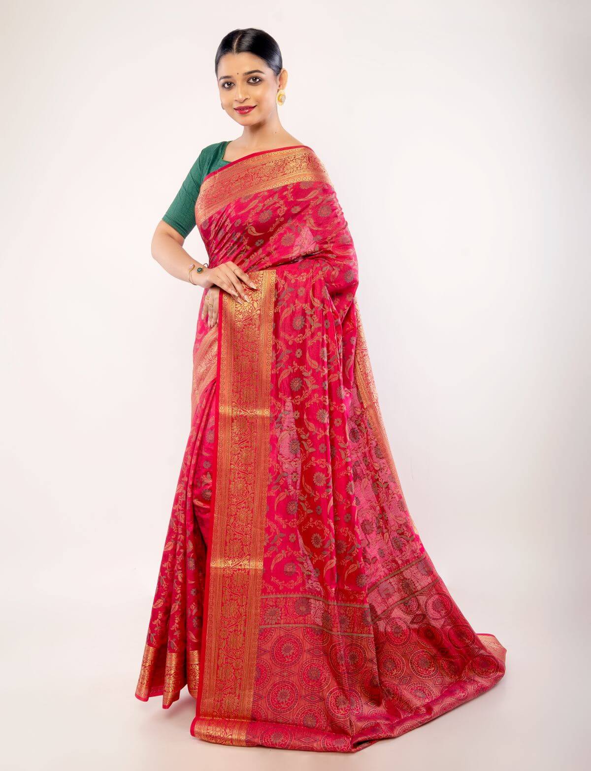Pink Silk Saree with Gold Zari Border and Floral Motifs - Anvi Couture
