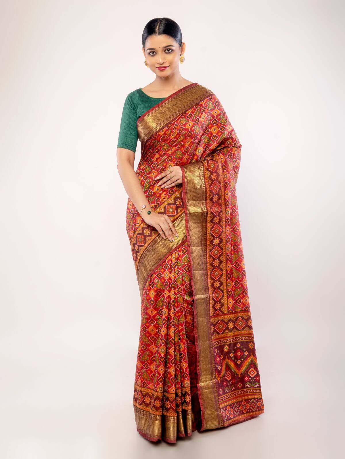 Red Patola Saree with Golden Zari Border - Anvi Couture