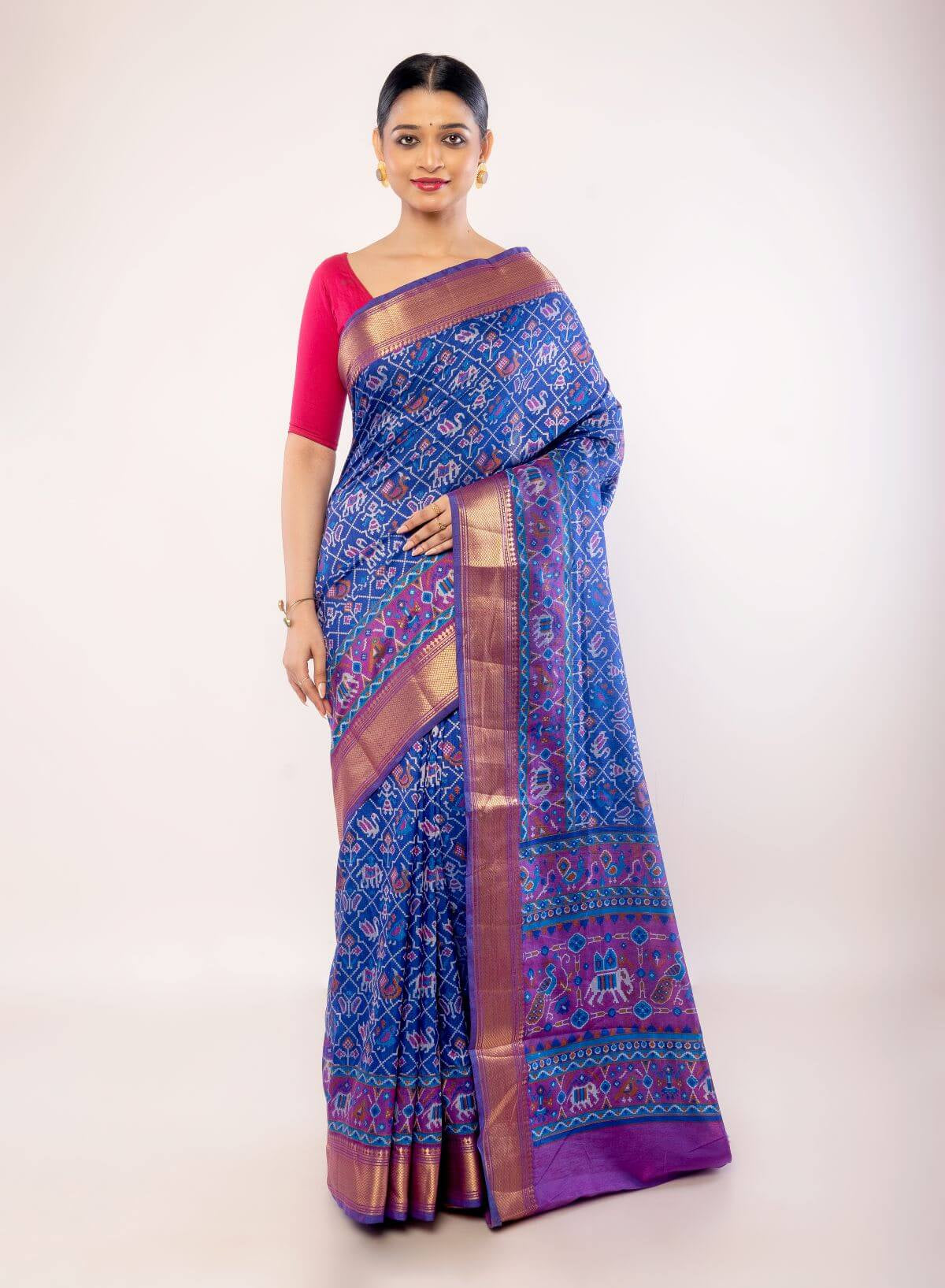 Blue Patola Silk Saree with Contrasting Zari Border - Image 1