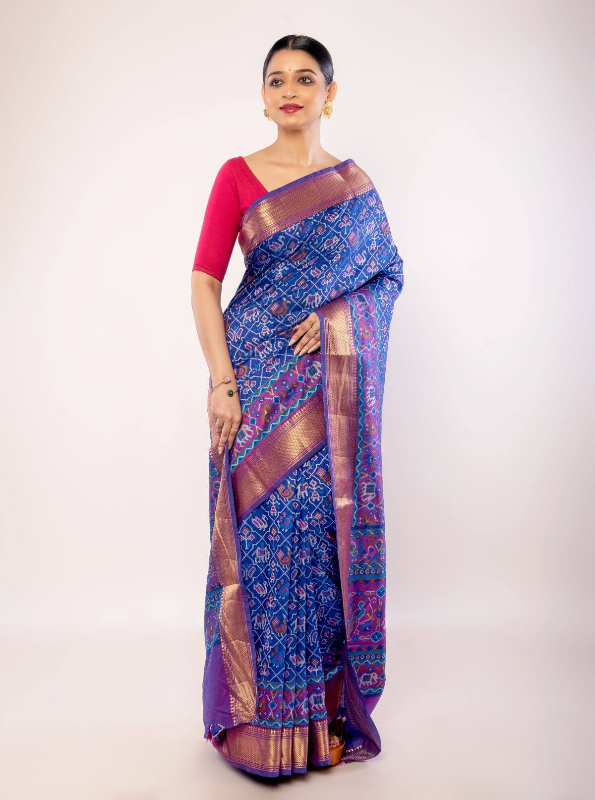 Blue Patola Silk Saree with Contrasting Zari Border - Image 2