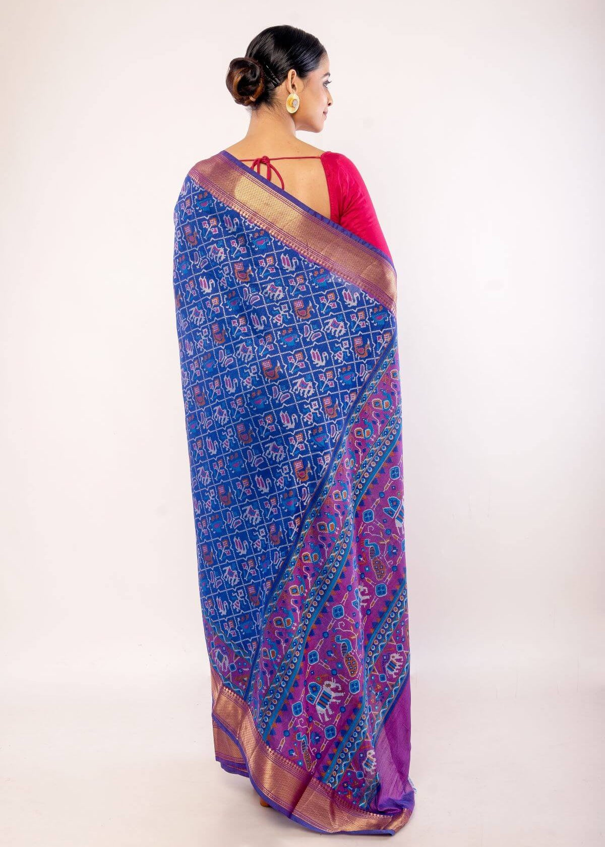 Blue Patola Silk Saree with Contrasting Zari Border - Anvi Couture