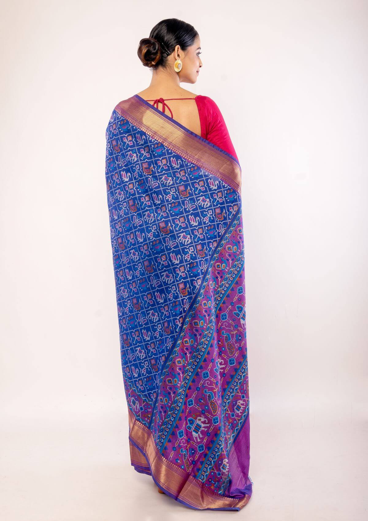 Blue Patola Silk Saree with Contrasting Zari Border - Image 3