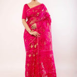 Pink and Gold Silk Jamdani Saree with Floral Motifs - Image 1