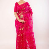 Pink and Gold Silk Jamdani Saree with Floral Motifs - Image 1