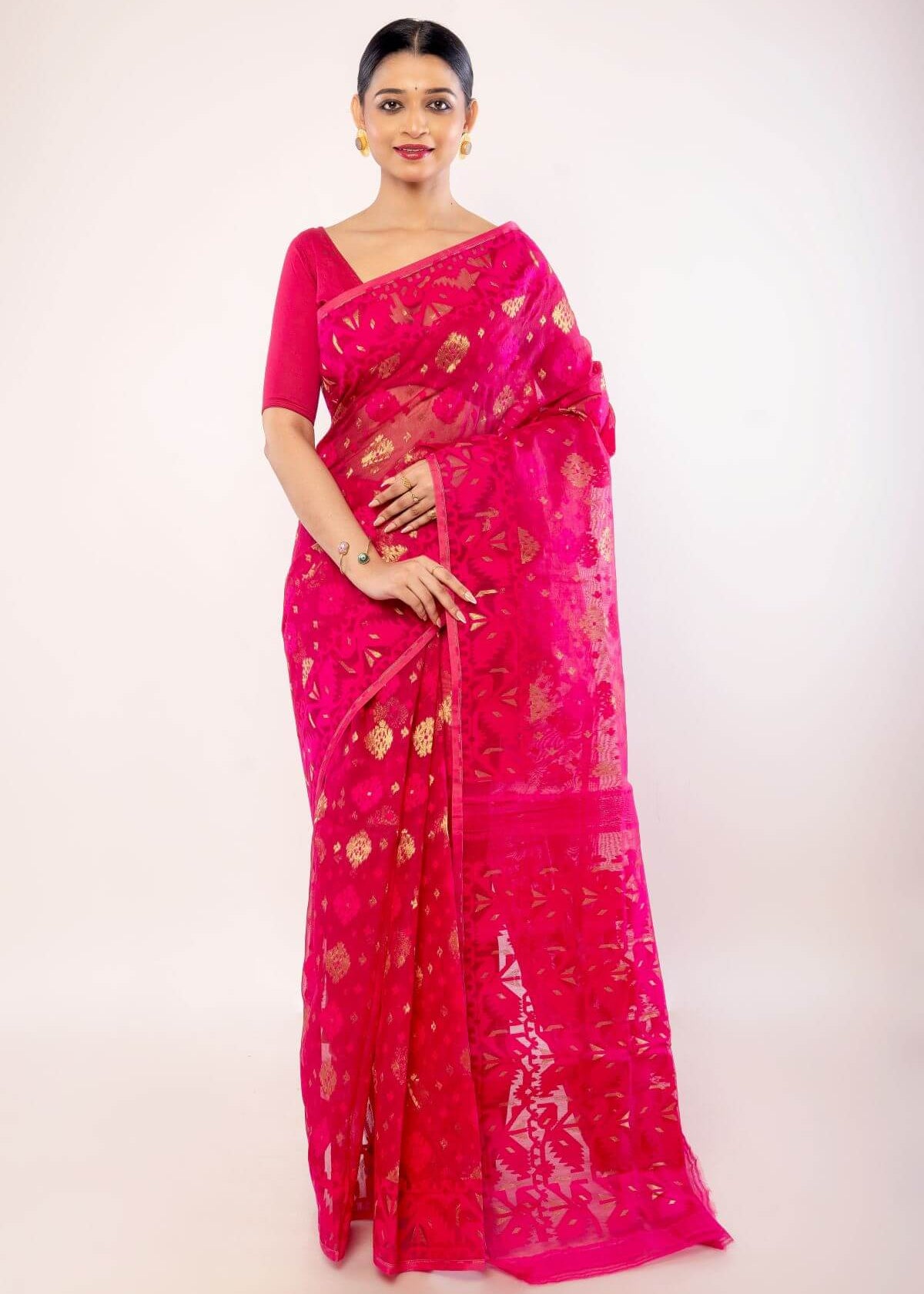 Pink and Gold Silk Jamdani Saree with Floral Motifs - Anvi Couture