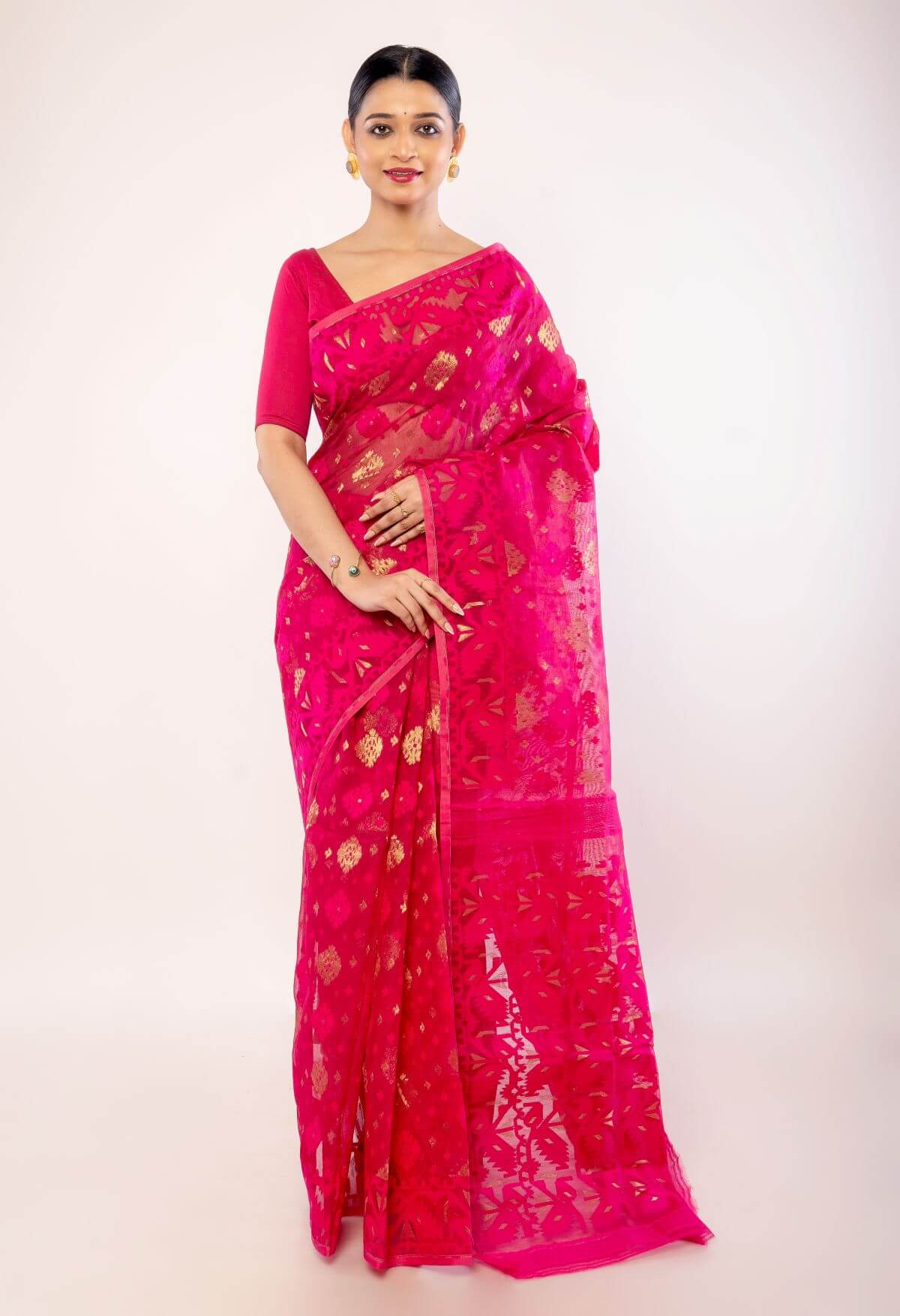 Pink and Gold Silk Jamdani Saree with Floral Motifs - Image 1