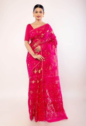 Pink and Gold Silk Jamdani Saree with Floral Motifs