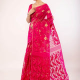 Pink and Gold Silk Jamdani Saree with Floral Motifs - Image 2