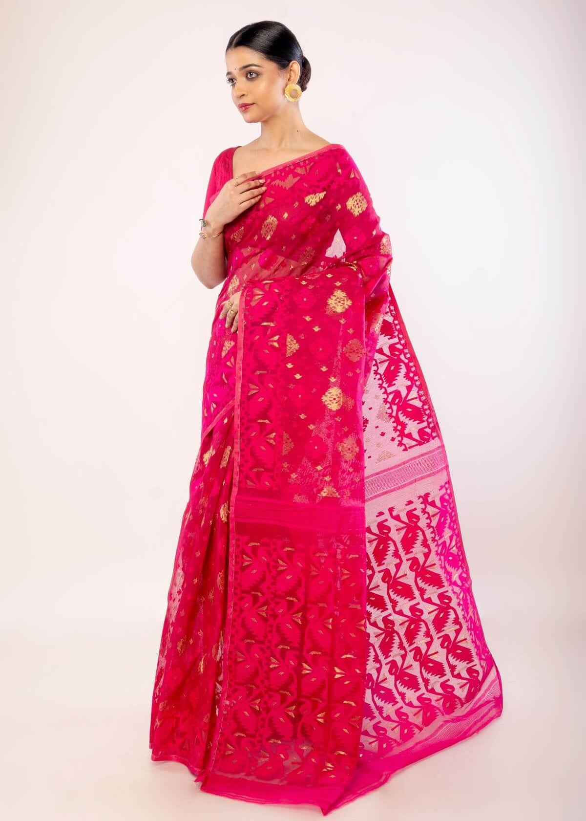 Pink and Gold Silk Jamdani Saree with Floral Motifs - Anvi Couture