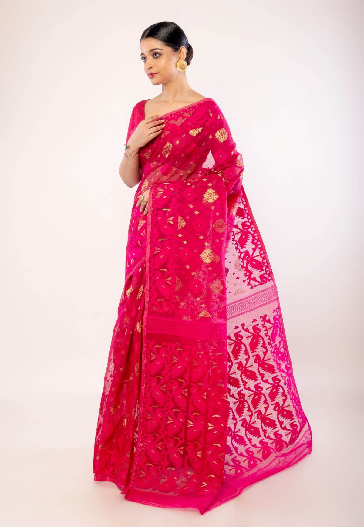 Pink and Gold Silk Jamdani Saree with Floral Motifs - Image 2