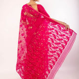 Pink and Gold Silk Jamdani Saree with Floral Motifs - Image 4