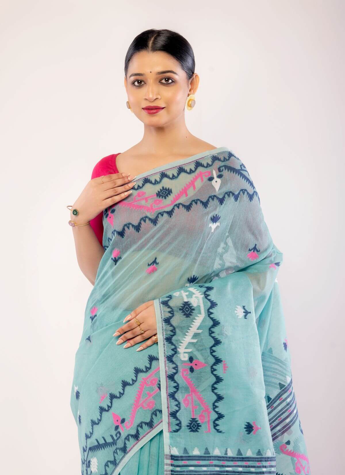 Light Blue Cotton Jamdani Saree with Multicolor Motifs - Anvi Couture