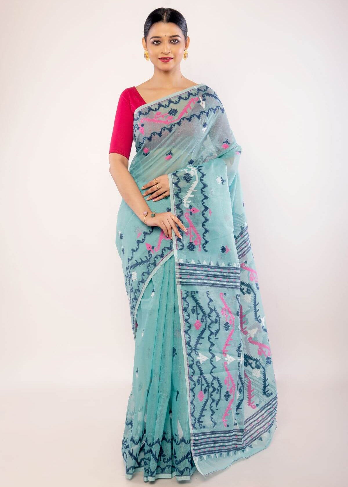 Light Blue Cotton Jamdani Saree with Multicolor Motifs - Anvi Couture