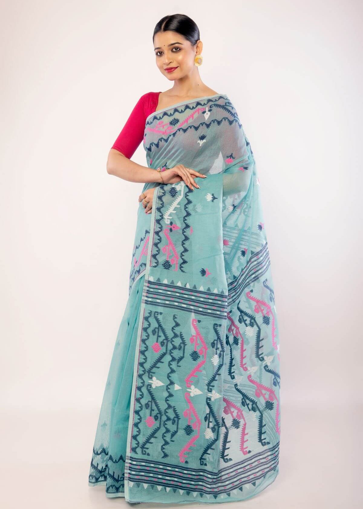 Light Blue Cotton Jamdani Saree with Multicolor Motifs - Anvi Couture