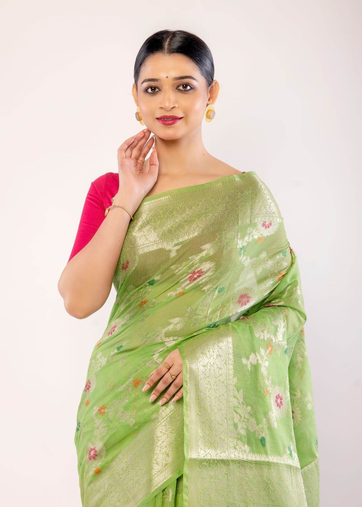 Green Art Silk Saree with Golden and Pink Floral Motifs - Anvi Couture