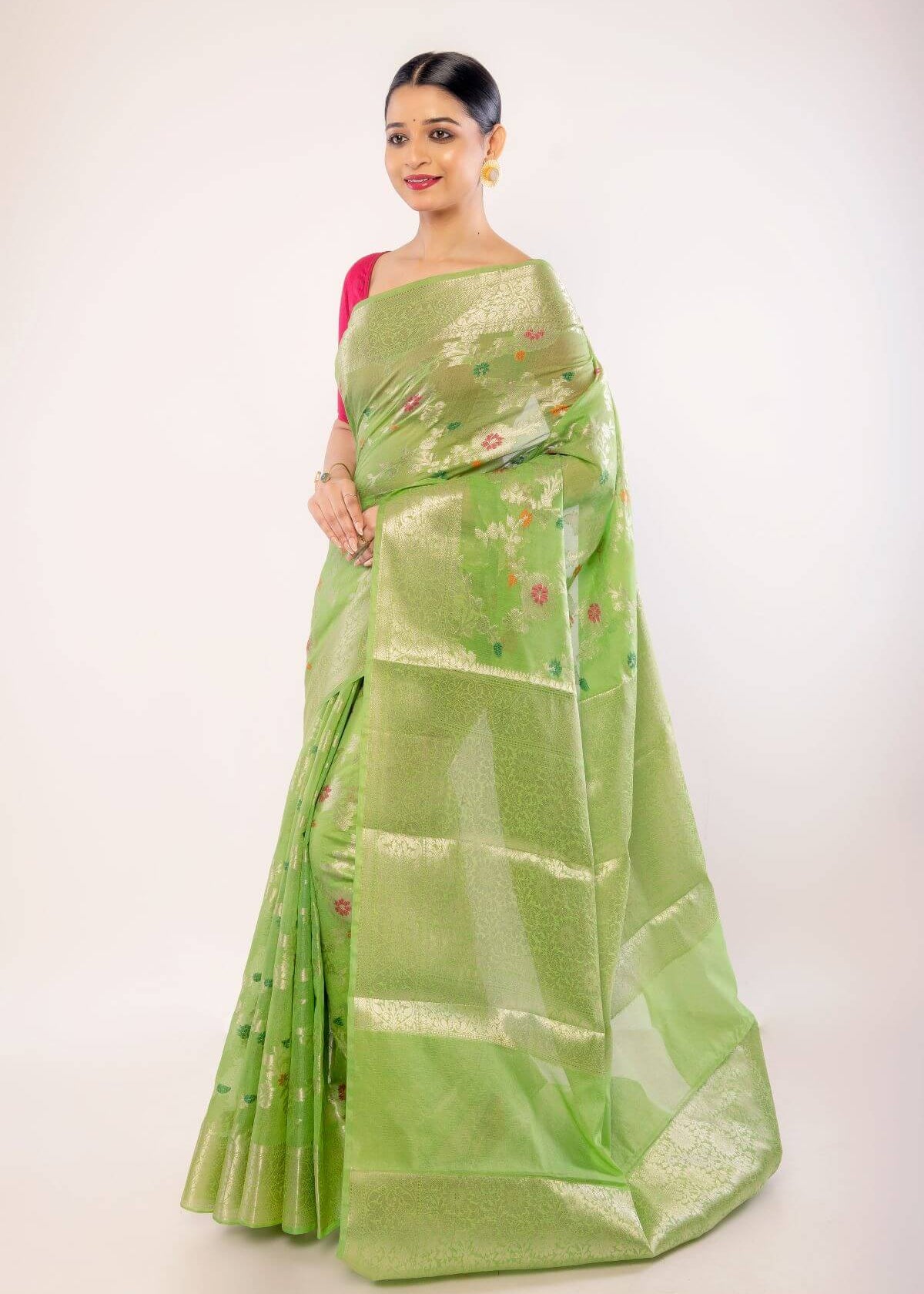 Green Art Silk Saree with Golden and Pink Floral Motifs - Anvi Couture