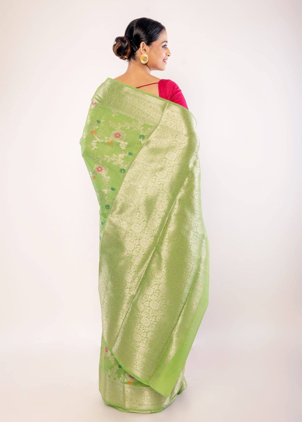 Green Art Silk Saree with Golden and Pink Floral Motifs - Anvi Couture