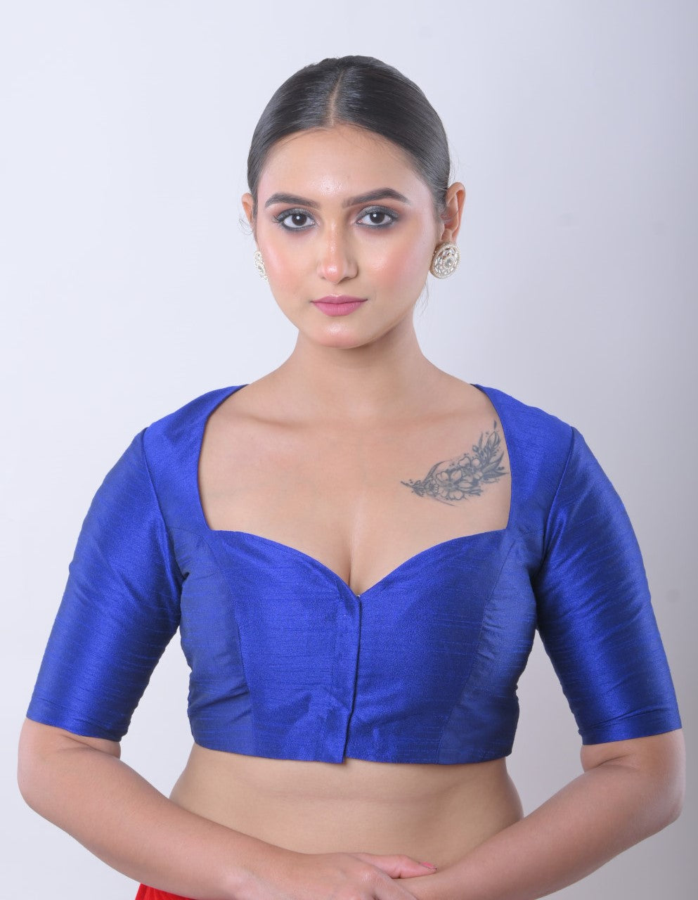 Blue Half Sleeve Raw Silk Blouse with Sweetheart Neckline - Anvi Couture - Image 1
