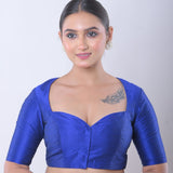 Blue Half Sleeve Raw Silk Blouse with Sweetheart Neckline - Anvi Couture - Image 2