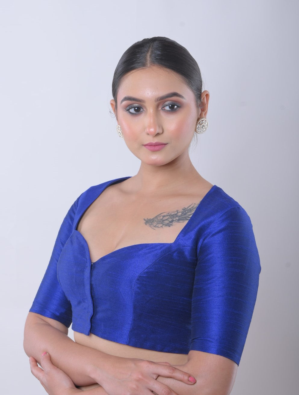 Blue Half Sleeve Raw Silk Blouse with Sweetheart Neckline - Anvi Couture - Image 3