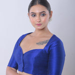 Blue Half Sleeve Raw Silk Blouse with Sweetheart Neckline - Anvi Couture - Image 3