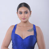Blue Sweetheart Neck Sleeveless Blouse in Raw Silk - Anvi Couture - Image 2