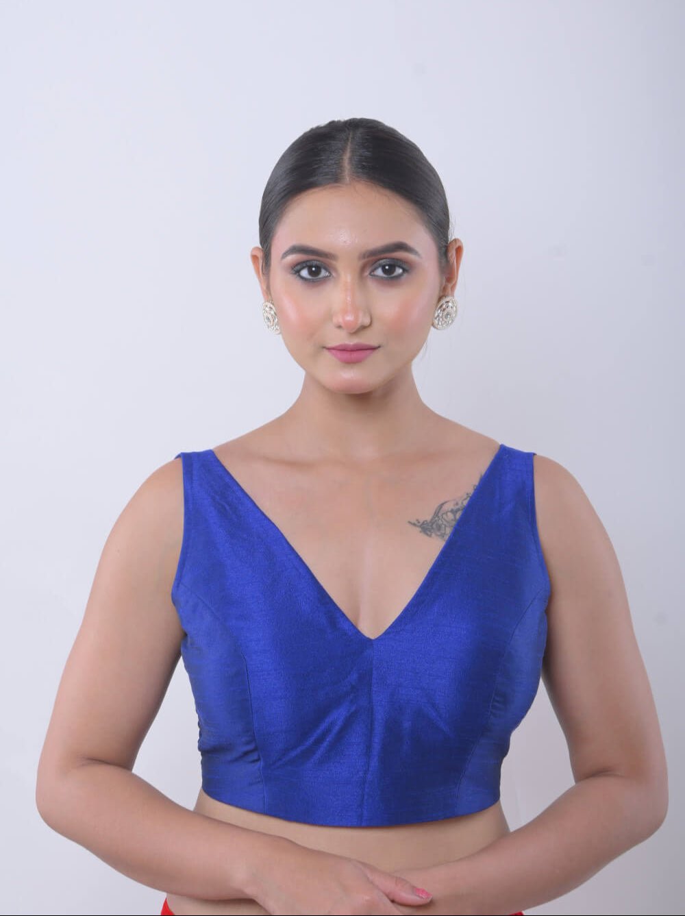 Blue V Neck Sleeveless Blouse in Raw Silk - Anvi Couture