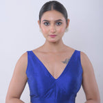 Blue V Neck Sleeveless Blouse in Raw Silk - Anvi Couture