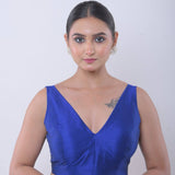 Blue V Neck Sleeveless Blouse in Raw Silk - Anvi Couture