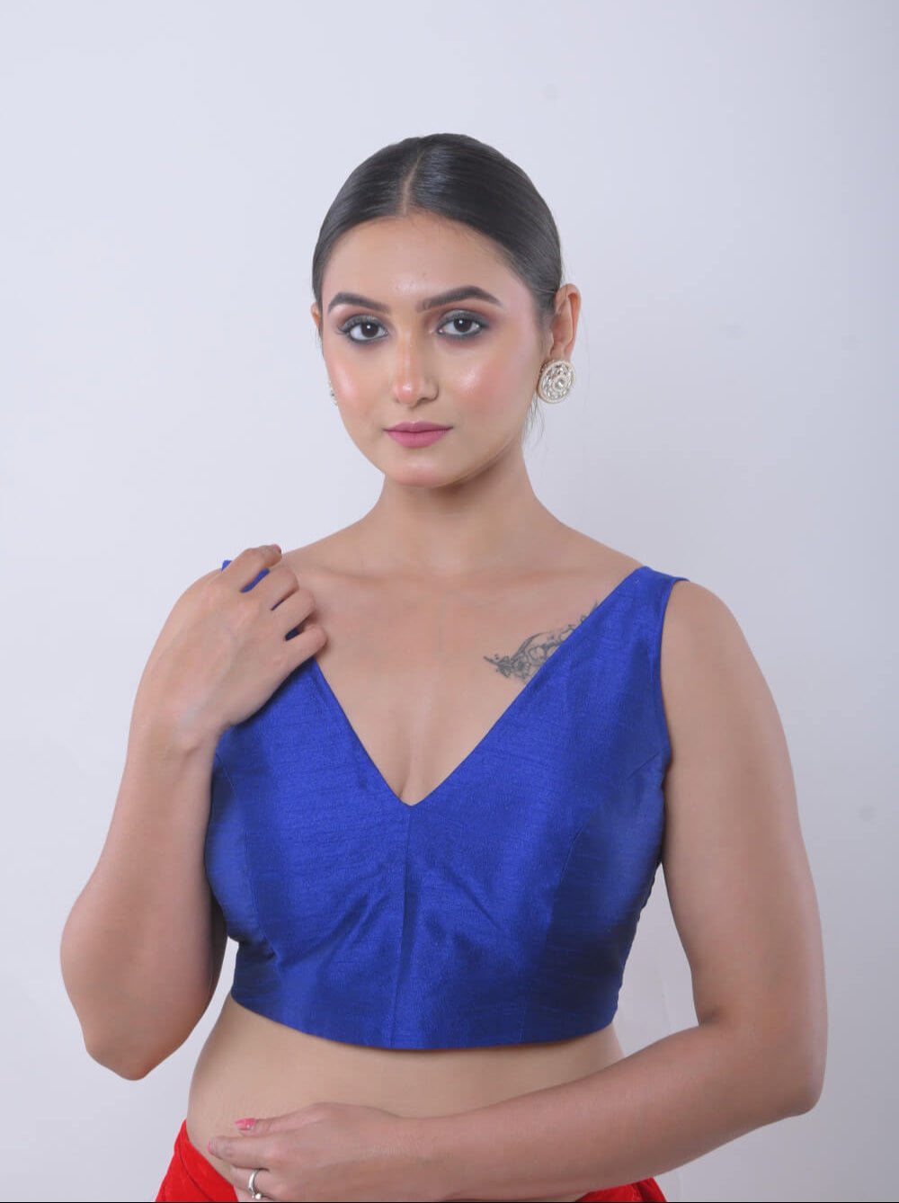 Blue V Neck Sleeveless Blouse in Raw Silk - Anvi Couture