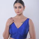 Blue V Neck Sleeveless Blouse in Raw Silk - Anvi Couture