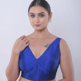 Blue V Neck Sleeveless Blouse in Raw Silk - Anvi Couture