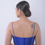 Blue U Neck Blouse with Spaghetti Straps in Raw Silk - Anvi Couture